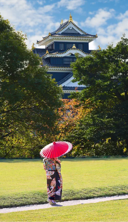 Japan, Okayama, Girl in Kimono, Koraku-en gardens